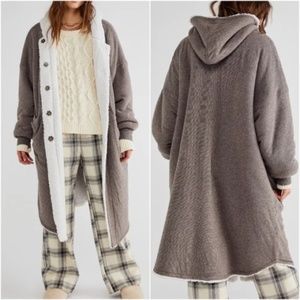 Free People North Pole Cardi Maxi Hood Knit Coat Faux Fur Lined Mink Combo NEW